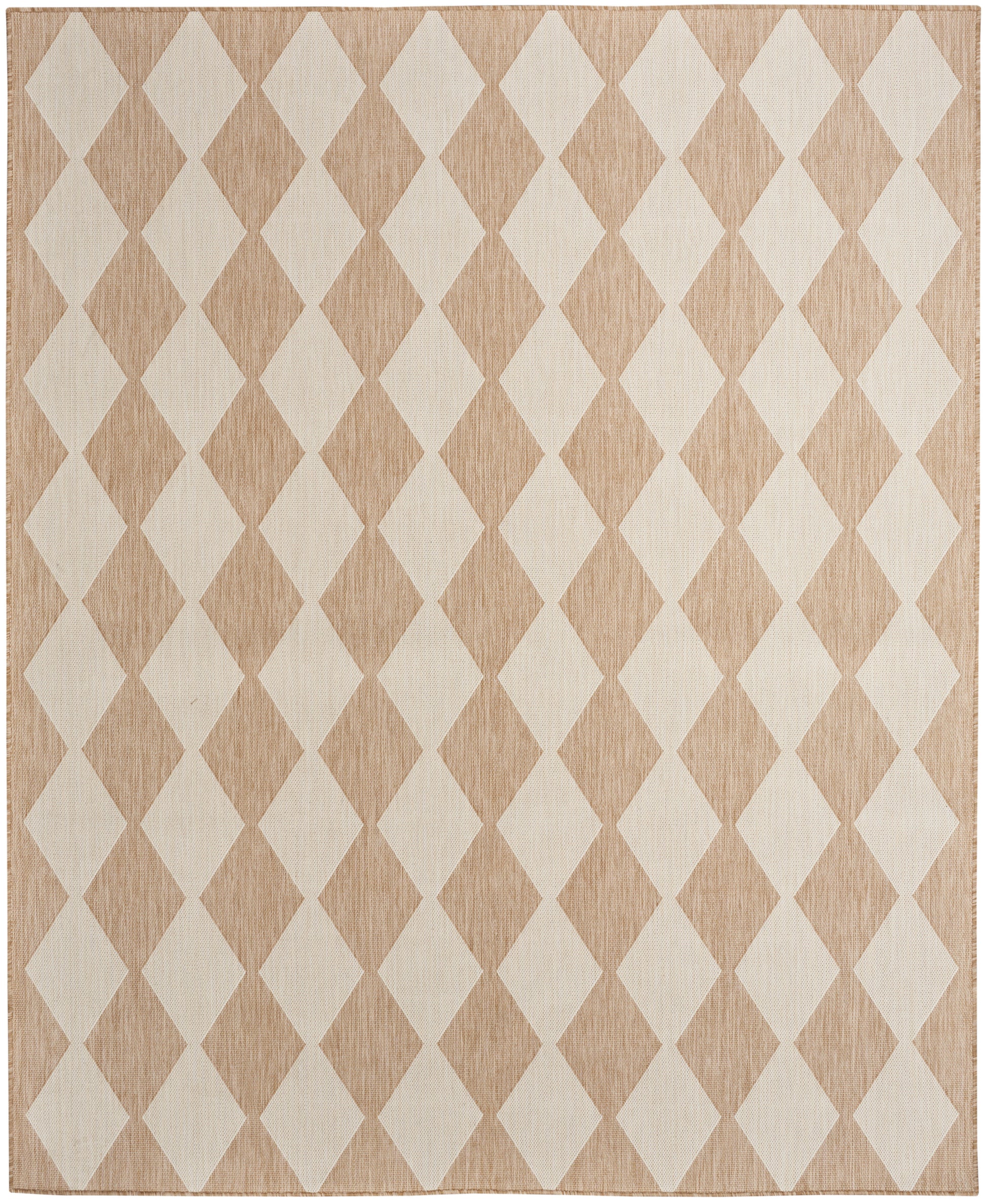 Rectangular woven area rug with cream and tan diamond pattern; neutral geometric decor.