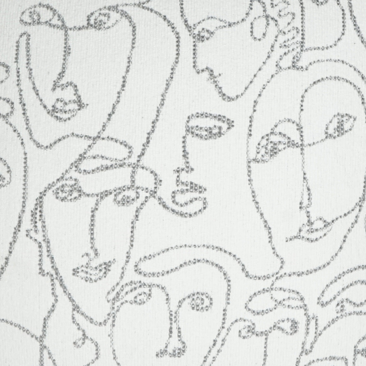Grey line-art abstract faces on white textured fabric; decorative upholstery textile.