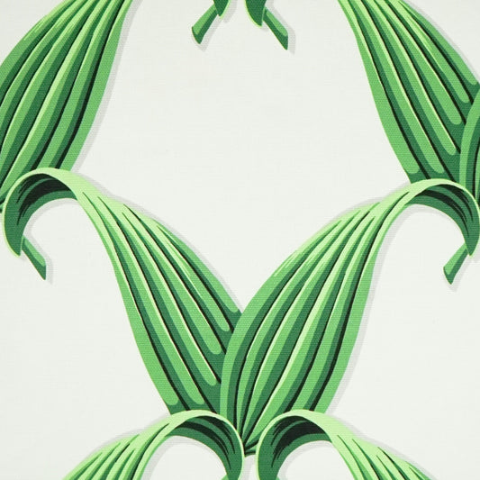 Bright green ribbon-striped fabric with curved overlapping bands forming a bold geometric pattern.
