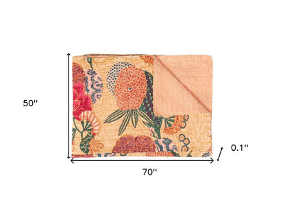 50" X 70" Orange and Red Kantha Cotton Floral Throw Blanket with Embroidery