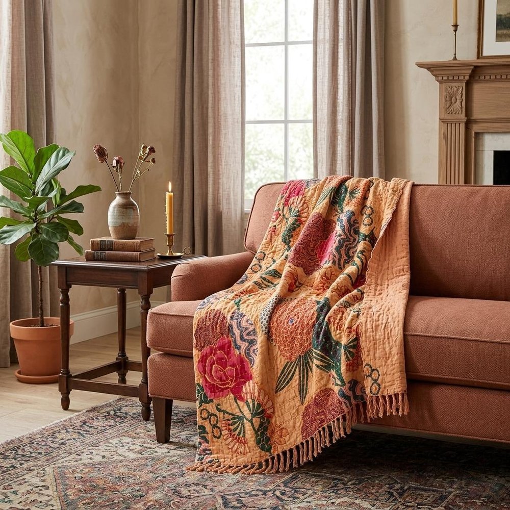 50" X 70" Orange and Red Kantha Cotton Floral Throw Blanket with Embroidery