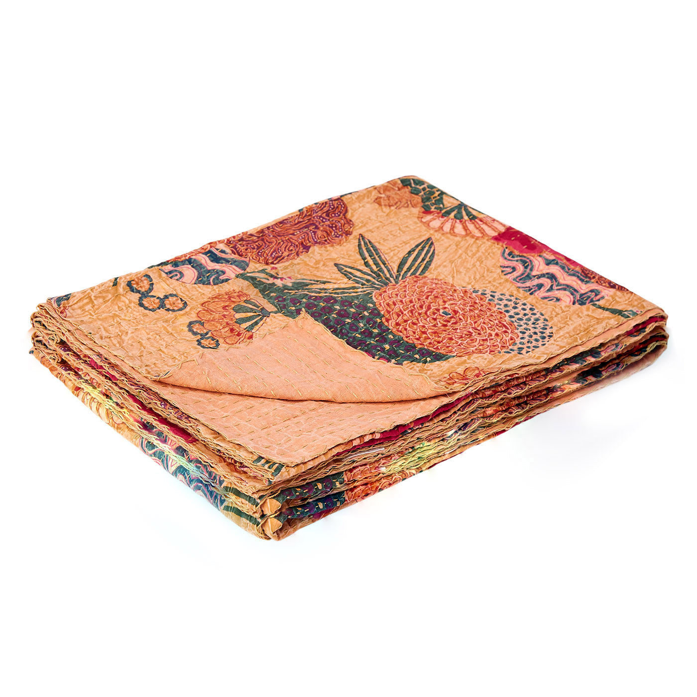 50" X 70" Orange and Red Kantha Cotton Floral Throw Blanket with Embroidery