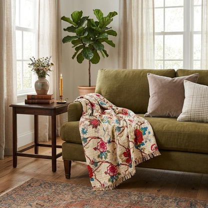 50" X 70" Yellow and Red Kantha Cotton Floral Throw Blanket with Embroidery
