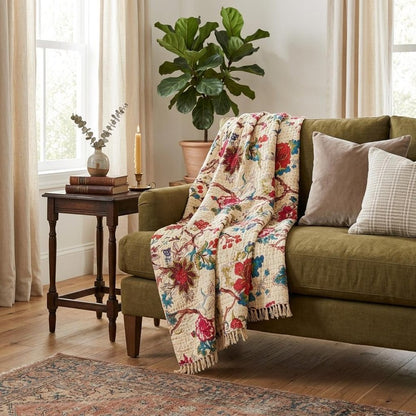 50" X 70" Yellow and Red Kantha Cotton Floral Throw Blanket with Embroidery