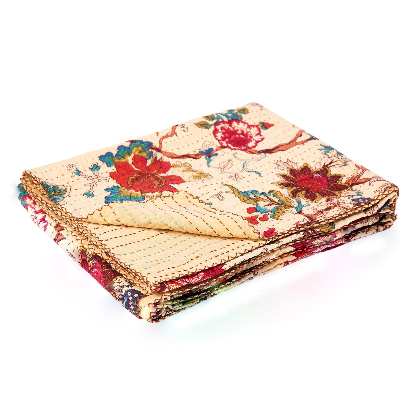50" X 70" Yellow and Red Kantha Cotton Floral Throw Blanket with Embroidery