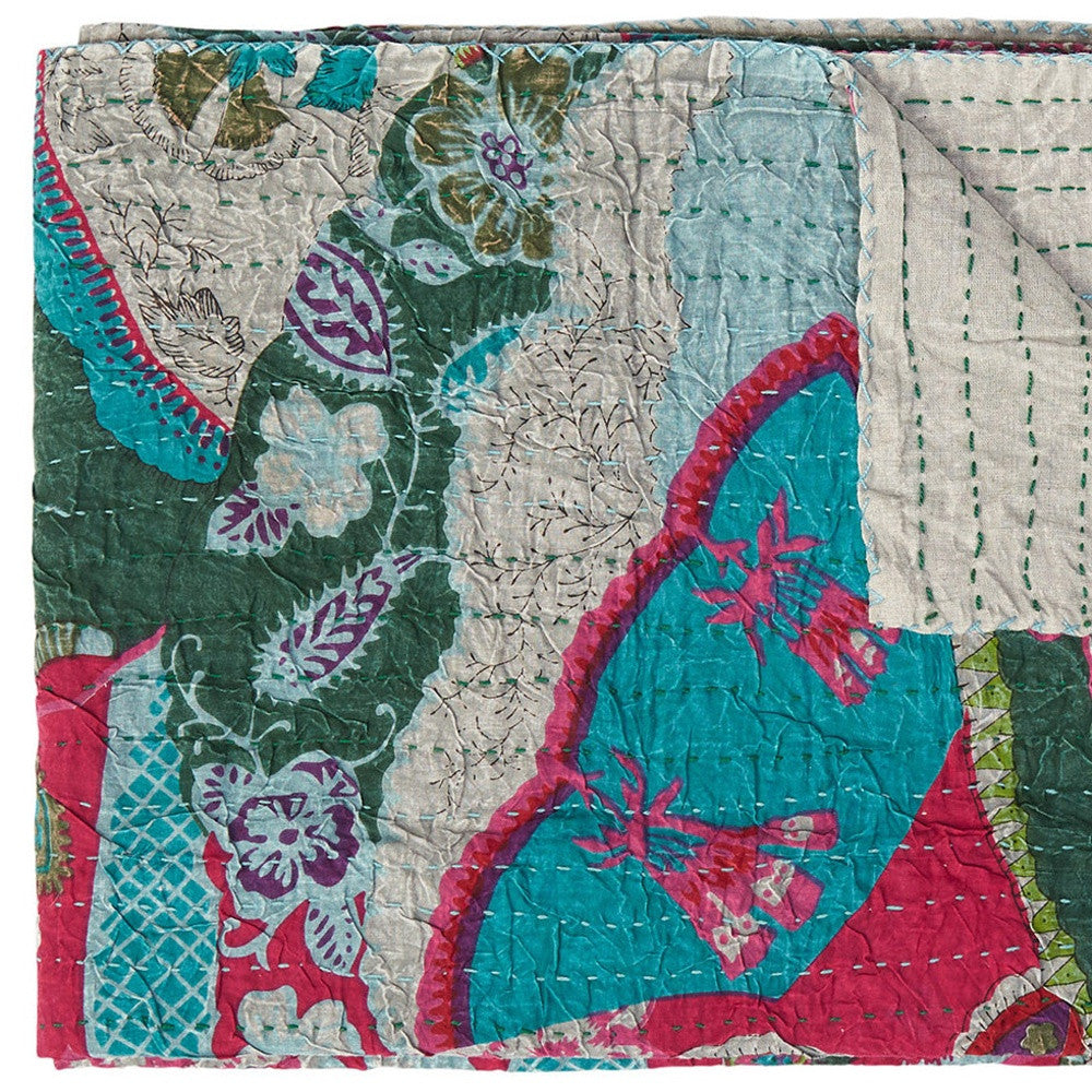 50" X 70" Green and Pink Kantha Cotton Abstract Throw Blanket with Embroidery