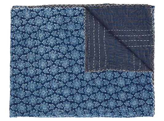 50" X 70" Blue Kantha Cotton Floral Throw Blanket with Embroidery