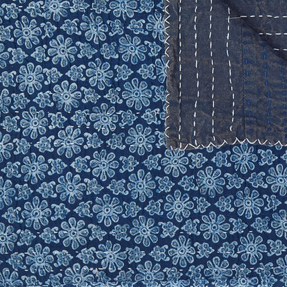 50" X 70" Blue Kantha Cotton Floral Throw Blanket with Embroidery