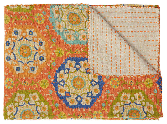 50" X 70" Orange and Blue Kantha Cotton Floral Throw Blanket with Embroidery