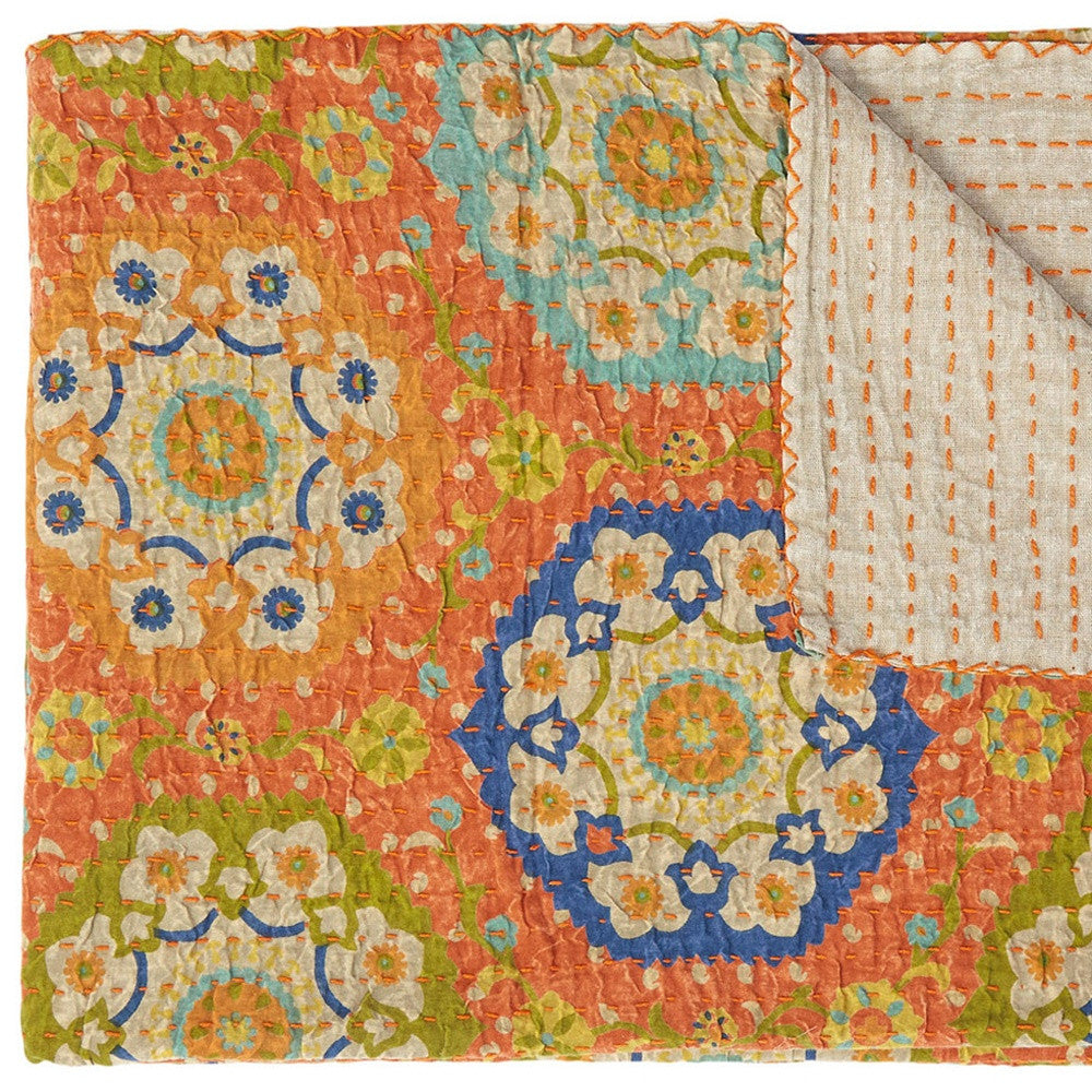 50" X 70" Orange and Blue Kantha Cotton Floral Throw Blanket with Embroidery