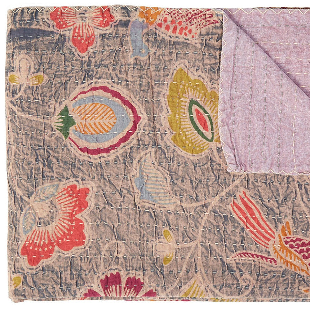 50" X 70" Gray and Pink Kantha Cotton Floral Throw Blanket with Embroidery