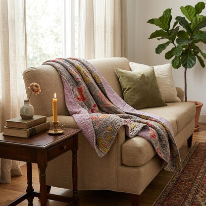 50" X 70" Gray and Pink Kantha Cotton Floral Throw Blanket with Embroidery