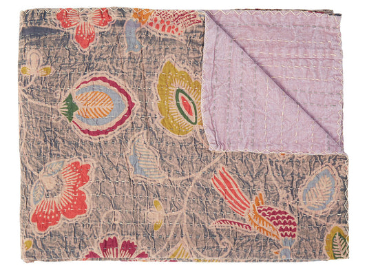 50" X 70" Gray and Pink Kantha Cotton Floral Throw Blanket with Embroidery