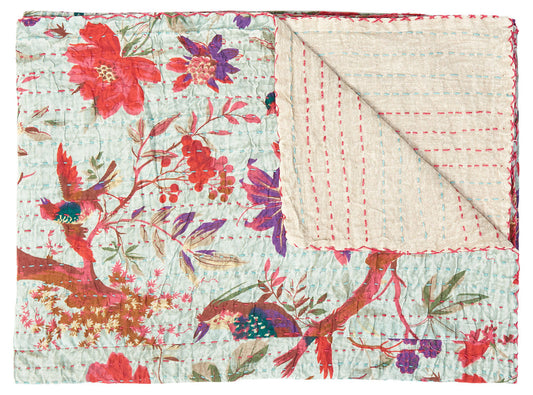 50" X 70" Pink and Ivory Kantha Cotton Floral Throw Blanket with Embroidery