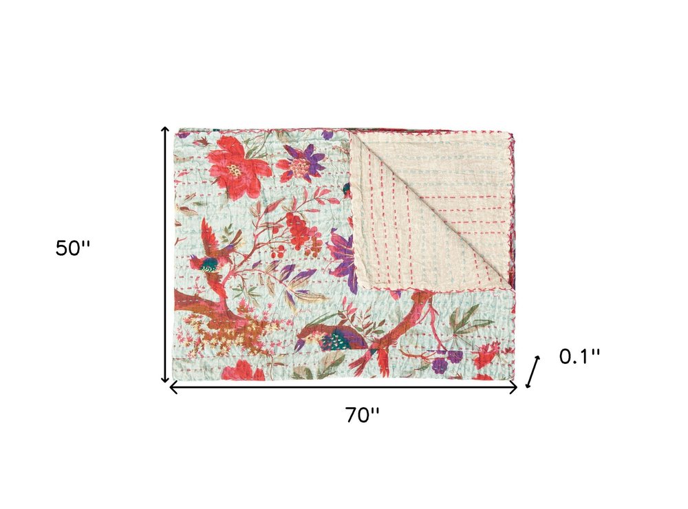 50" X 70" Pink and Ivory Kantha Cotton Floral Throw Blanket with Embroidery