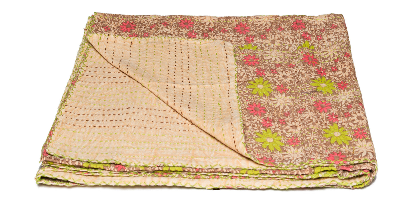 50" X 70" Green and Brown Kantha Cotton Floral Throw Blanket with Embroidery
