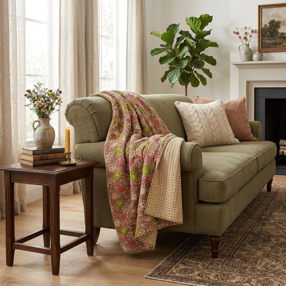 50" X 70" Green and Brown Kantha Cotton Floral Throw Blanket with Embroidery