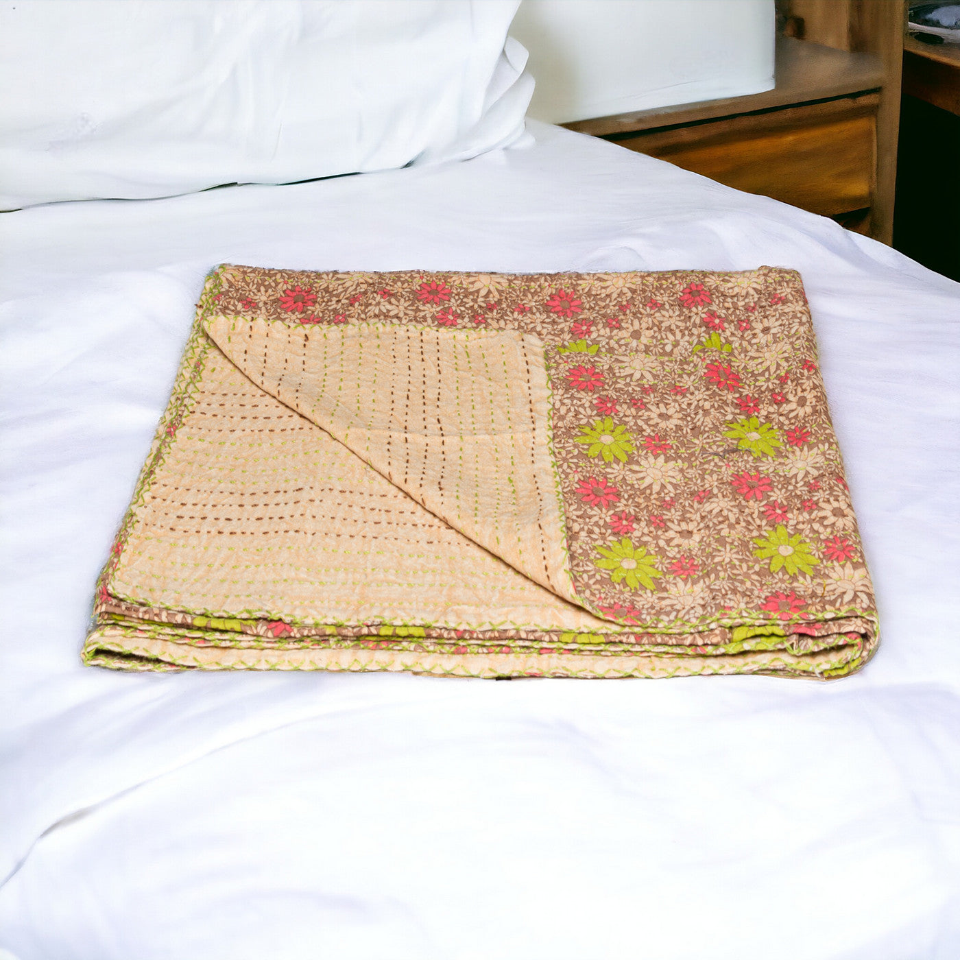 50" X 70" Green and Brown Kantha Cotton Floral Throw Blanket with Embroidery