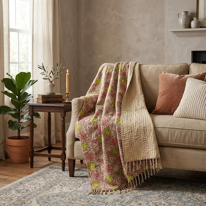 50" X 70" Green and Brown Kantha Cotton Floral Throw Blanket with Embroidery