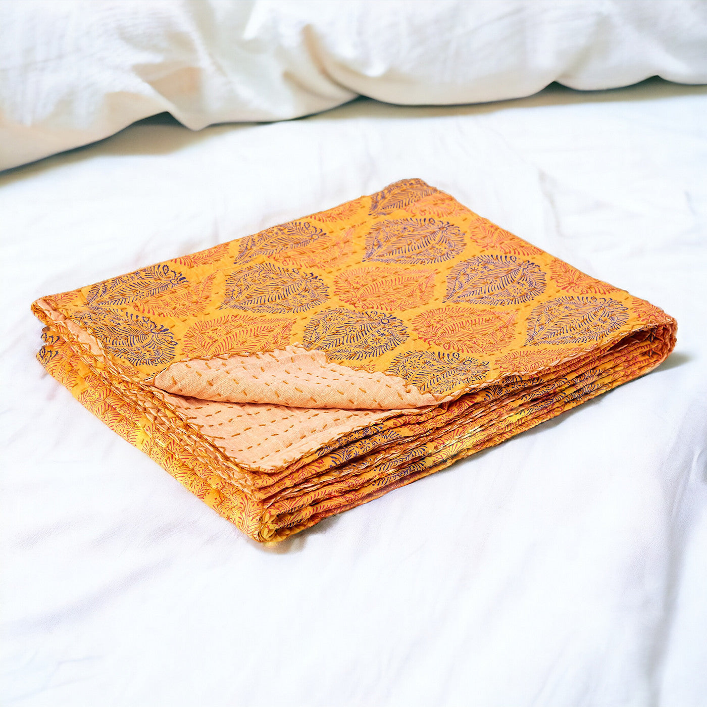 50" X 70" Yellow and Peach Kantha Cotton Patchwork Throw Blanket with Embroidery
