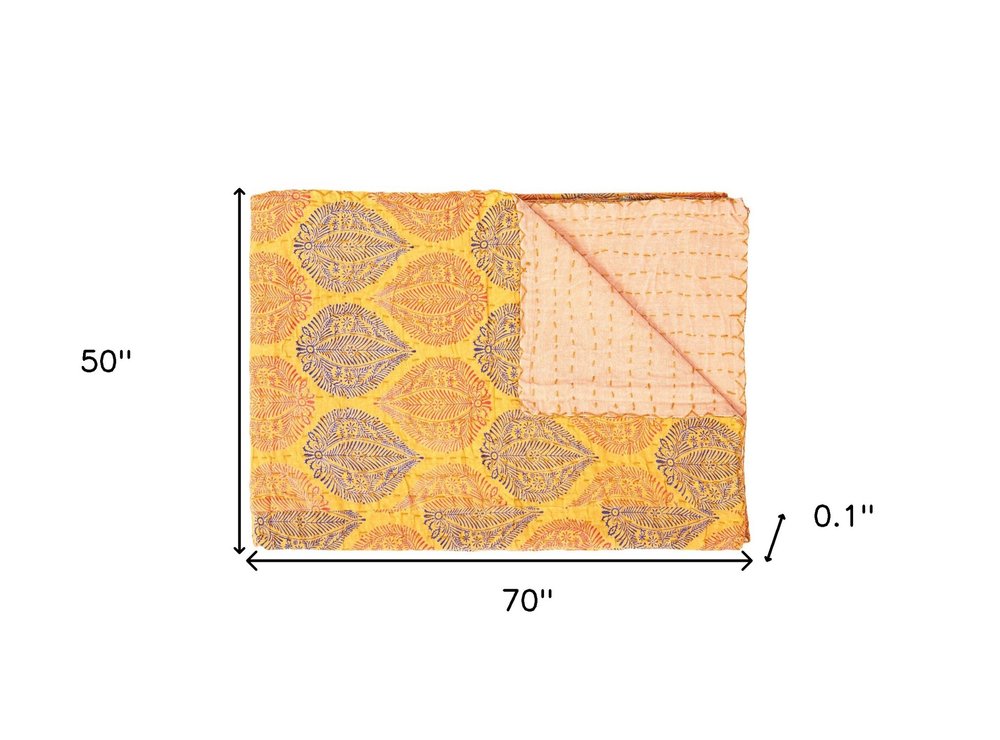 50" X 70" Orange Blue and Yellow Cotton Kantha Patchwork with Embroidery