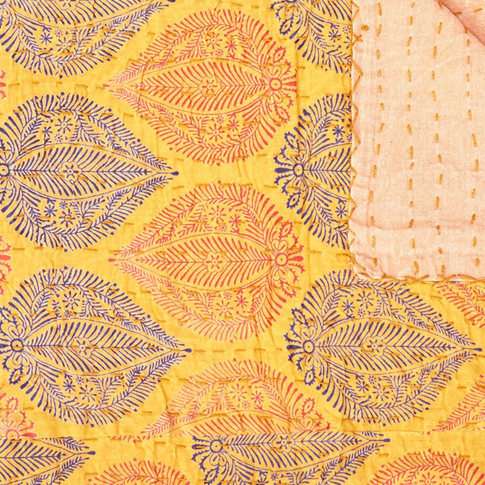 50" X 70" Yellow and Peach Kantha Cotton Patchwork Throw Blanket with Embroidery