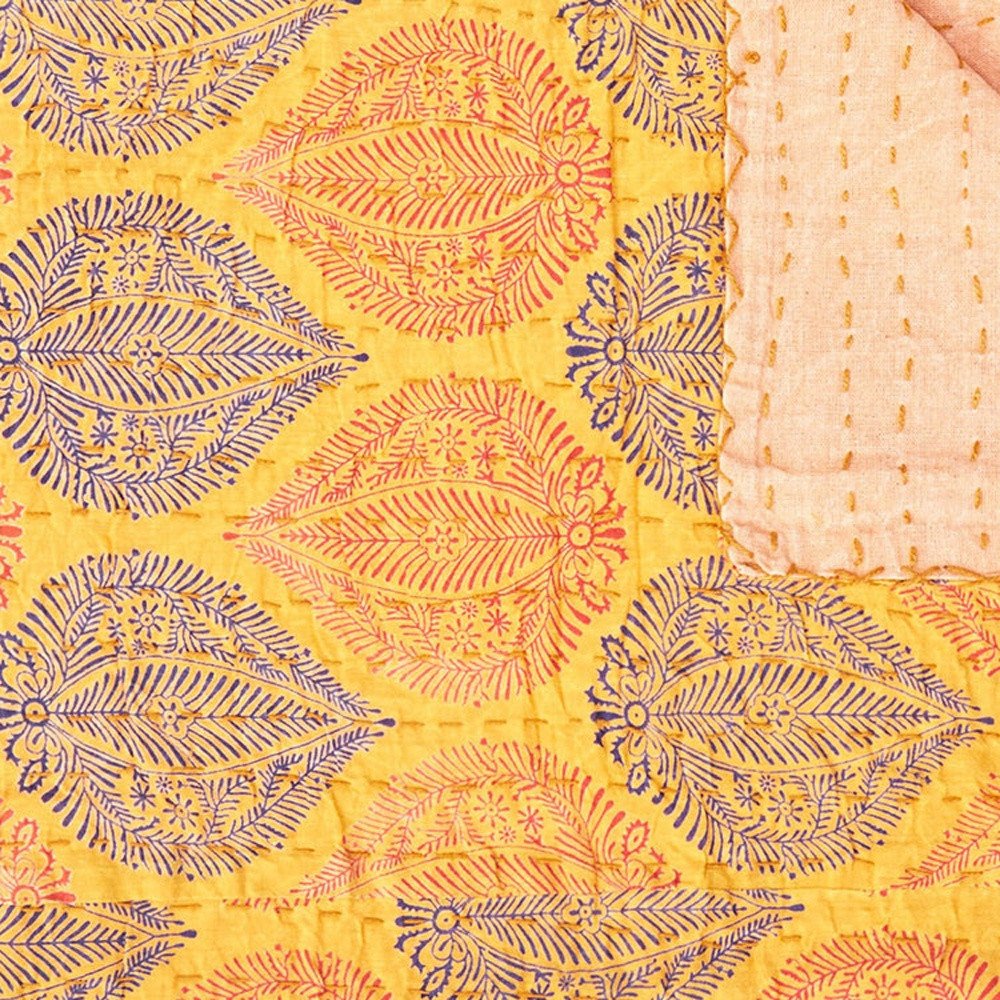 50" X 70" Orange Blue and Yellow Cotton Kantha Patchwork with Embroidery