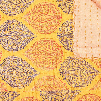 50" X 70" Orange Blue and Yellow Cotton Kantha Patchwork with Embroidery