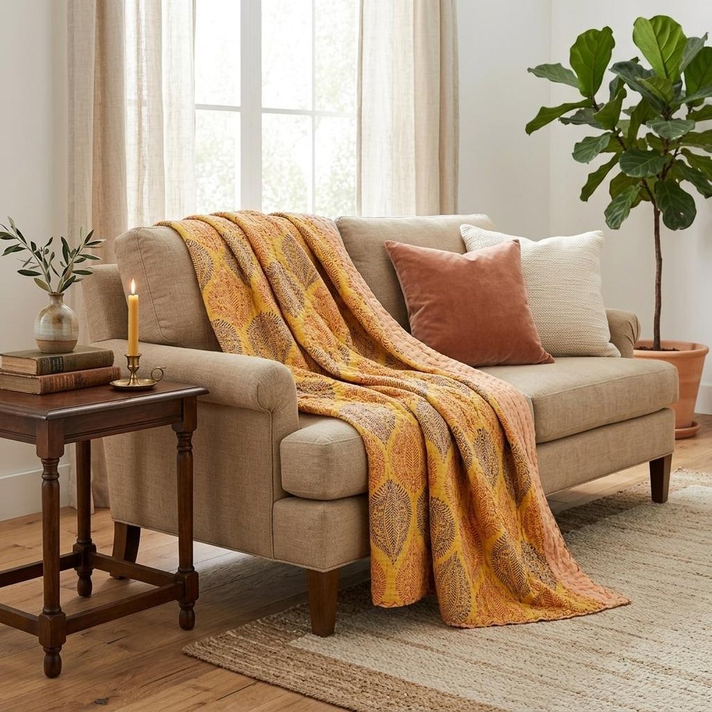 50" X 70" Orange Blue and Yellow Cotton Kantha Patchwork with Embroidery