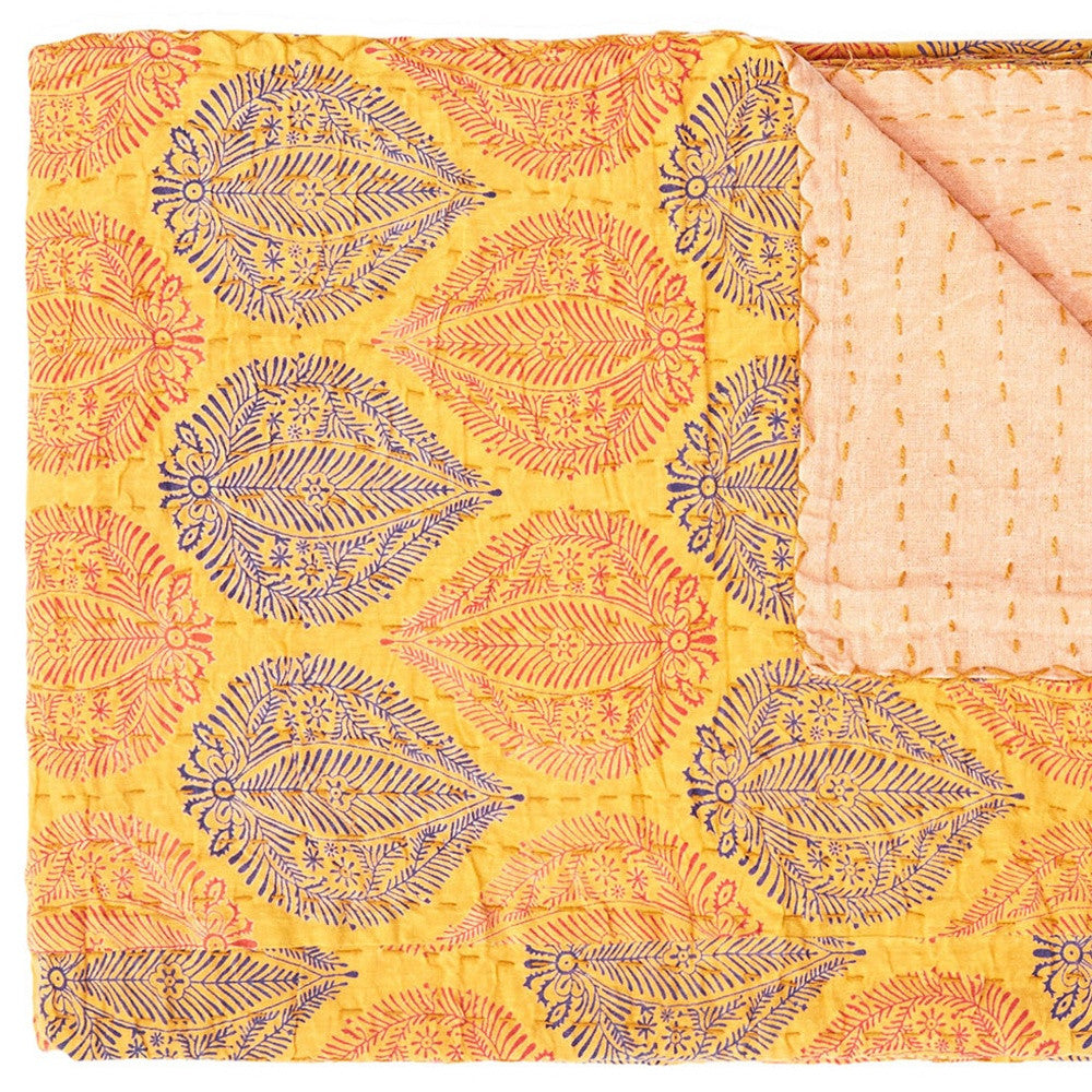 50" X 70" Yellow and Peach Kantha Cotton Patchwork Throw Blanket with Embroidery