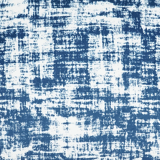 Blue and white distressed fabric pattern with abstract brushstroke grid texture.