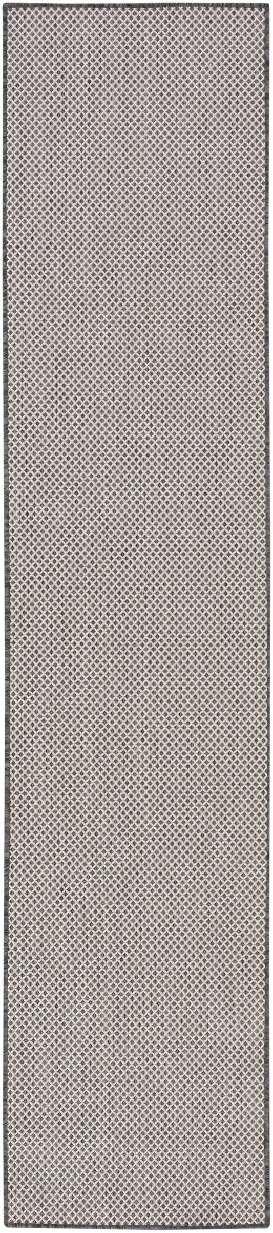 Beige woven rug runner with cream lattice pattern and dark gray border, contemporary hallway decor.