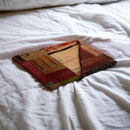 50" X 70" Burgundy and Brown Quilted Cotton Patchwork Throw Blanket with Embroidery