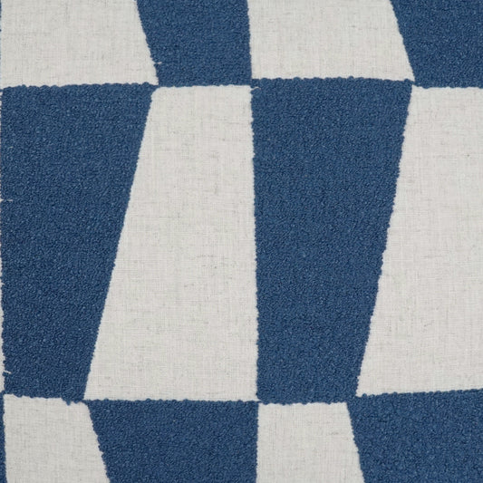 Geometric navy and cream woven fabric with bold checker blocks; upholstery or home decor.