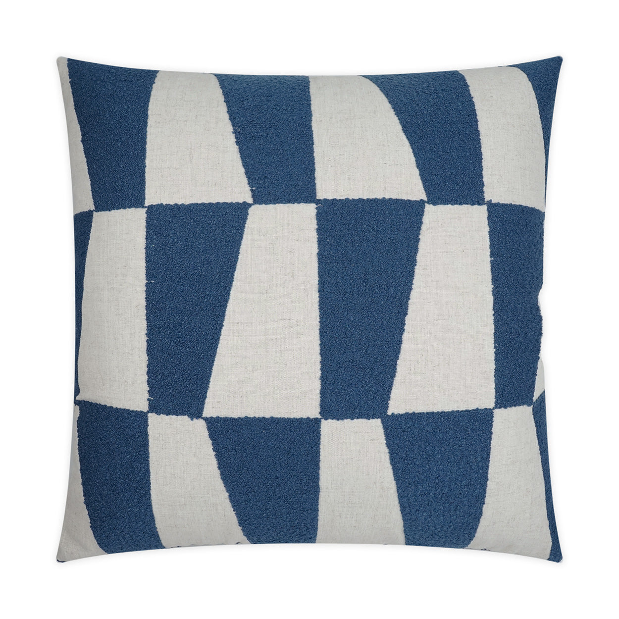 Square throw pillow with blue and cream geometric blocks on textured woven fabric.