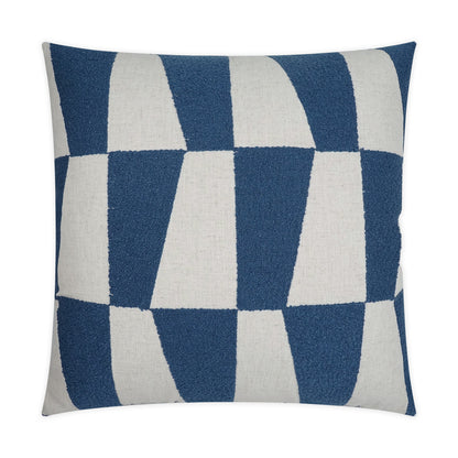 Square throw pillow with blue and cream geometric blocks on textured woven fabric.