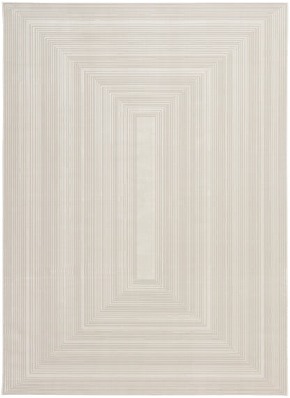 Neutral beige rug with concentric rectangular line pattern in soft taupe for a modern geometric look.