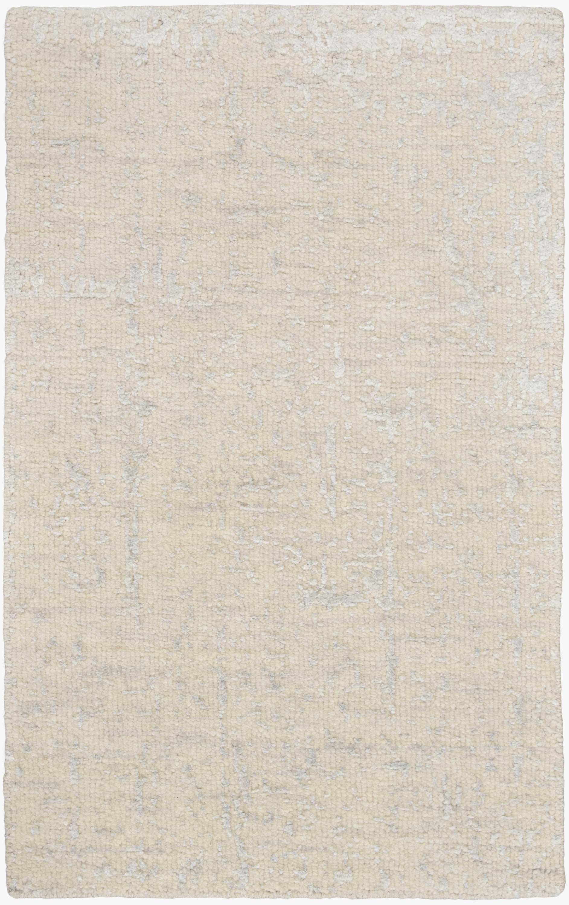 Cream textured area rug with subtle gray abstract pattern and soft, neutral finish.