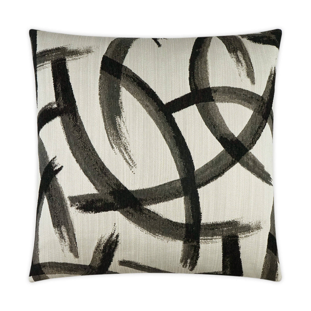 Beige square throw pillow with bold black abstract brushstrokes; textured fabric, modern art-inspired decor.