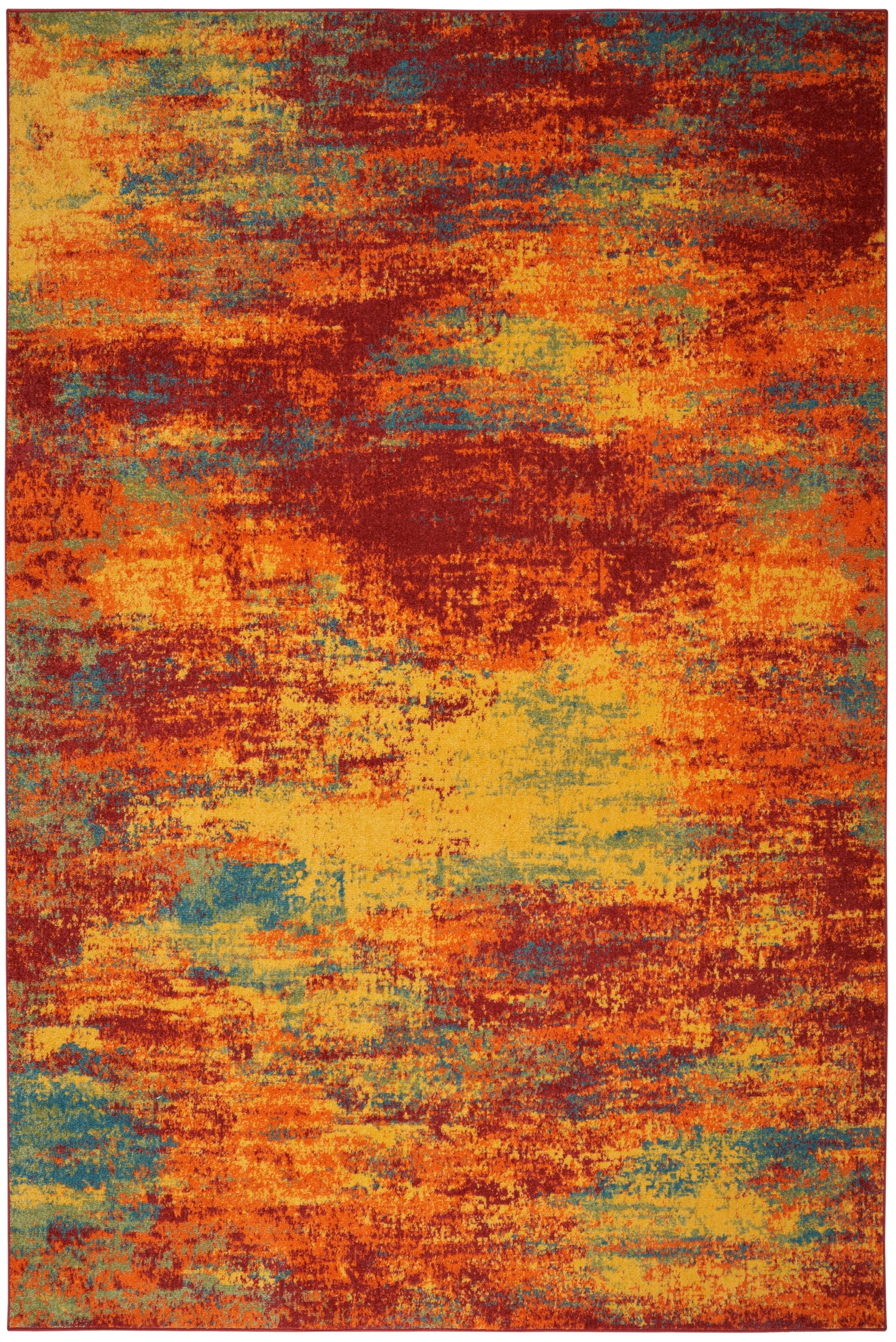 Rectangular abstract distressed area rug in orange, yellow, red and teal tones; modern, warm decor for living rooms.