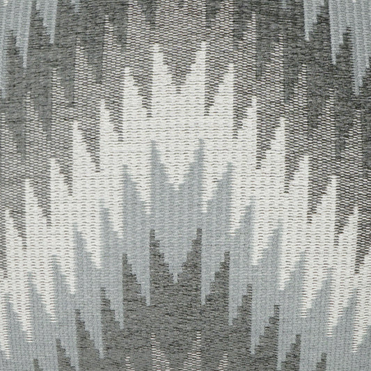 Gray ikat-style woven fabric with chevron zigzag pattern in varying gray tones.