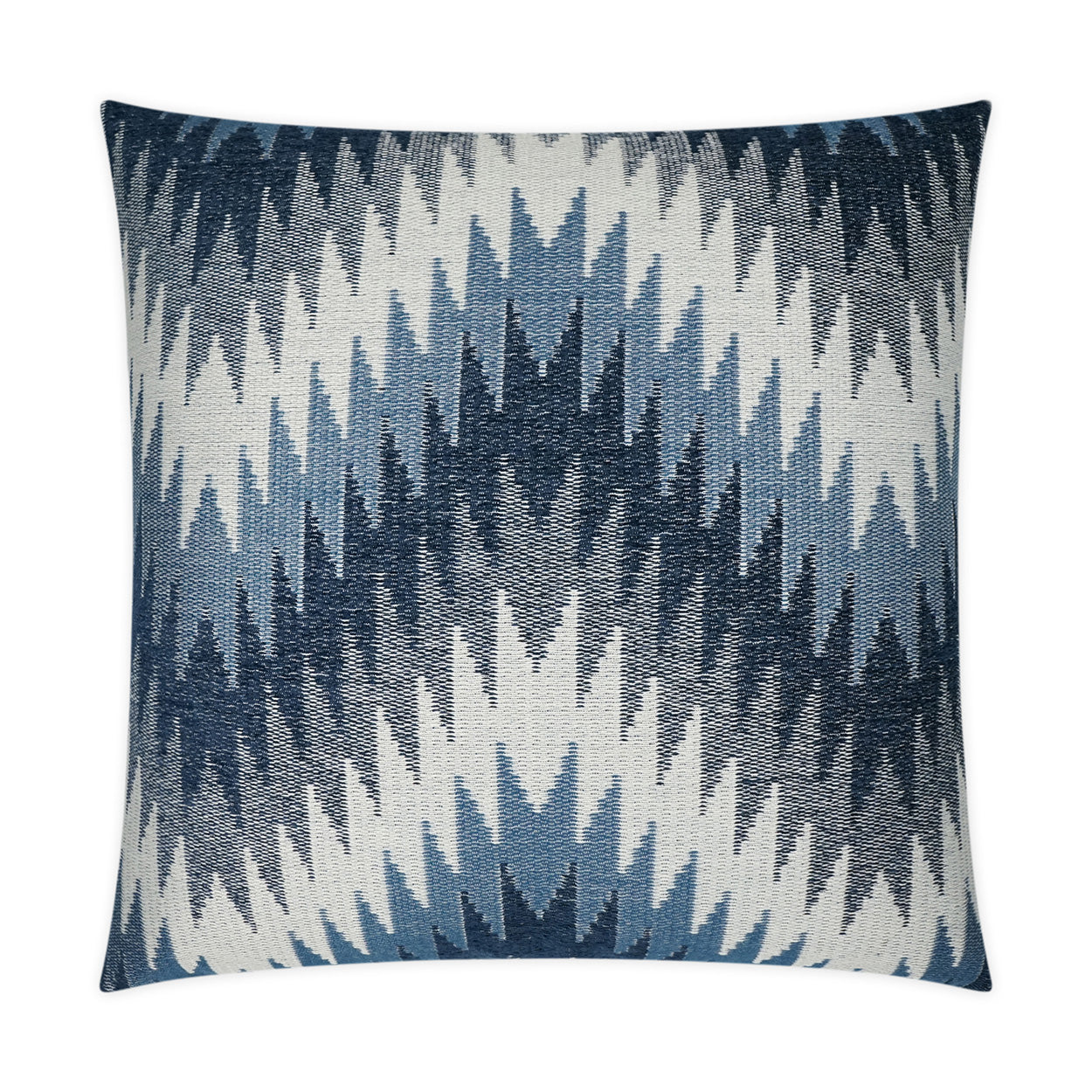 Decorative square throw pillow with blue gradient ikat chevron pattern in navy, sky blue, and ivory.