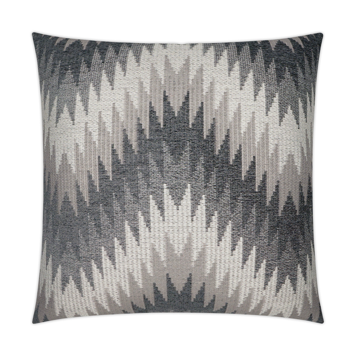 Square decorative pillow with a grayscale chevron pattern on woven fabric.