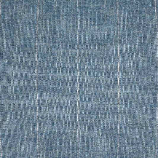 Blue denim-like woven fabric with thin white vertical stripes.