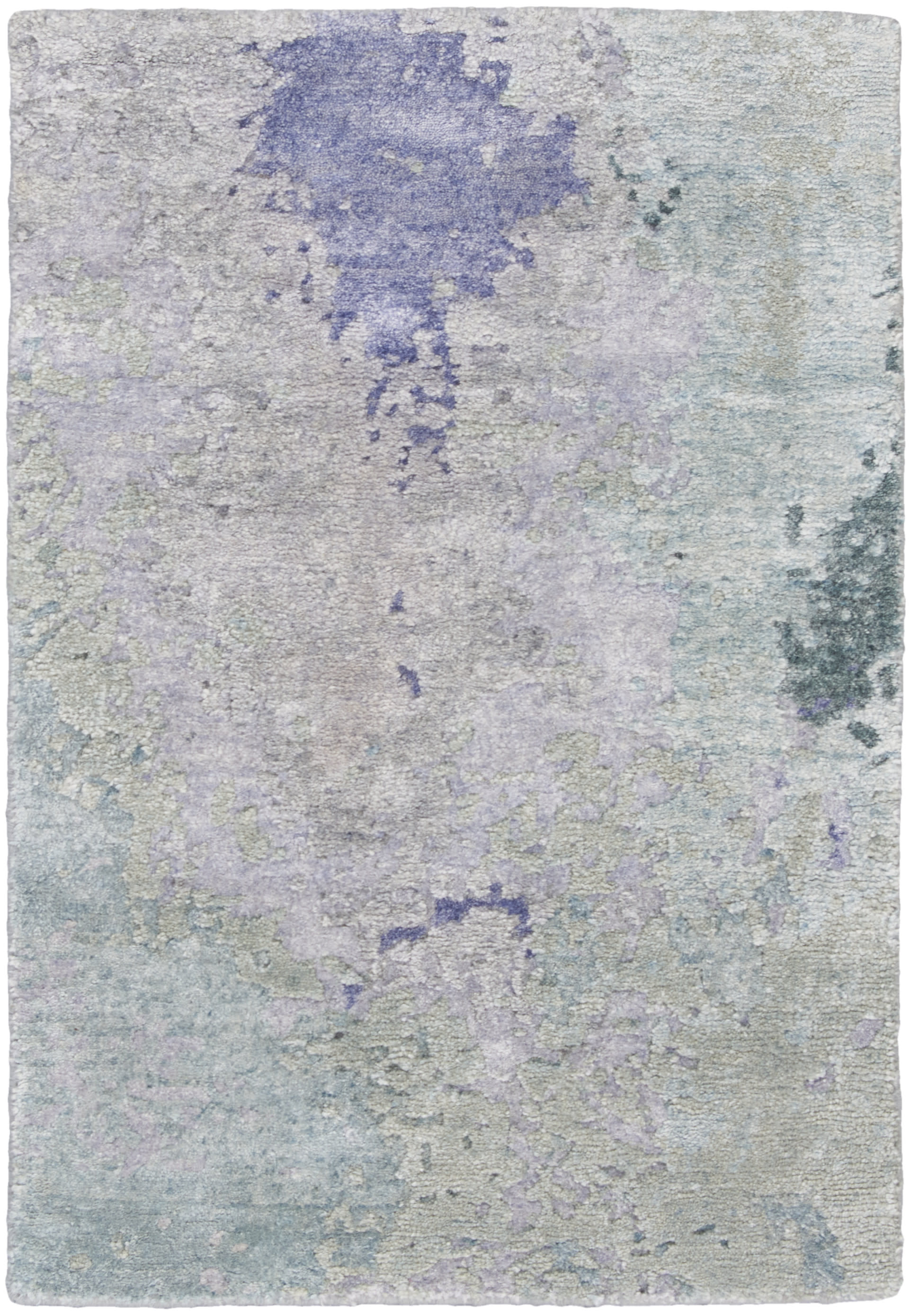 Pastel abstract area rug with lavender, blue and mint tones in watercolor-like pattern and soft texture.