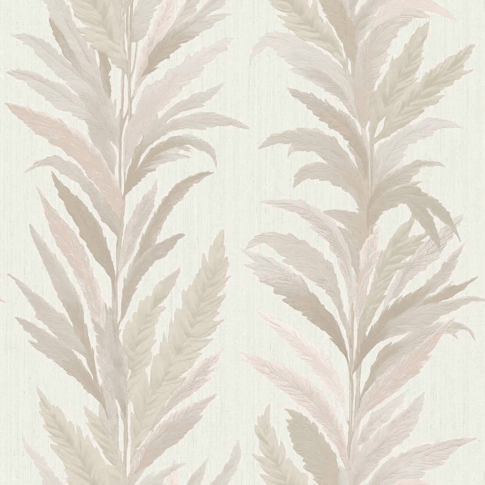 Cream wallpaper with muted beige and pink palm frond pattern; soft neutral botanical leaves.