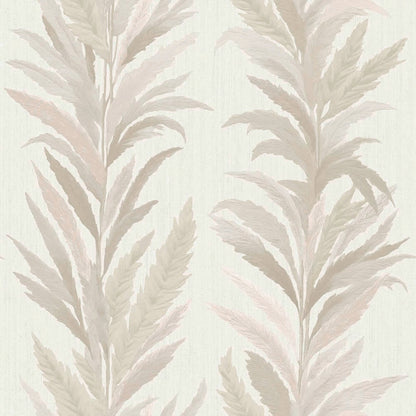 Cream wallpaper with muted beige and pink palm frond pattern; soft neutral botanical leaves.