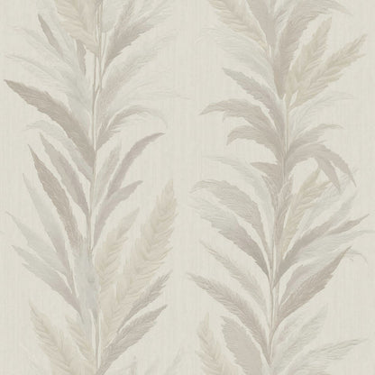 Neutral beige wallpaper with a leaf flourish pattern, embossed in rose and gold.
