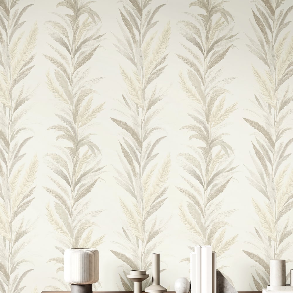 Beige wallpaper featuring a leaf motif with rose and gold embossed detailing.