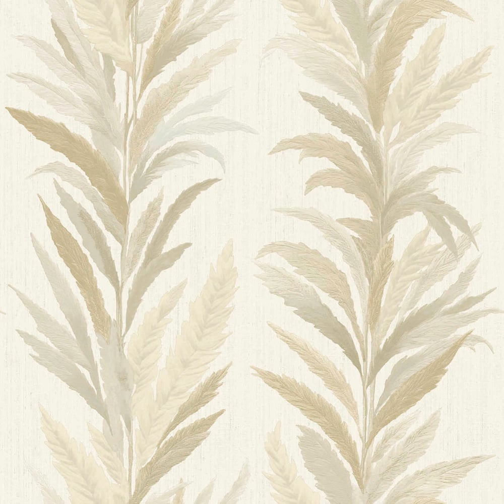 Neutral wallpaper featuring tall cream and taupe palm fronds on an ivory background.